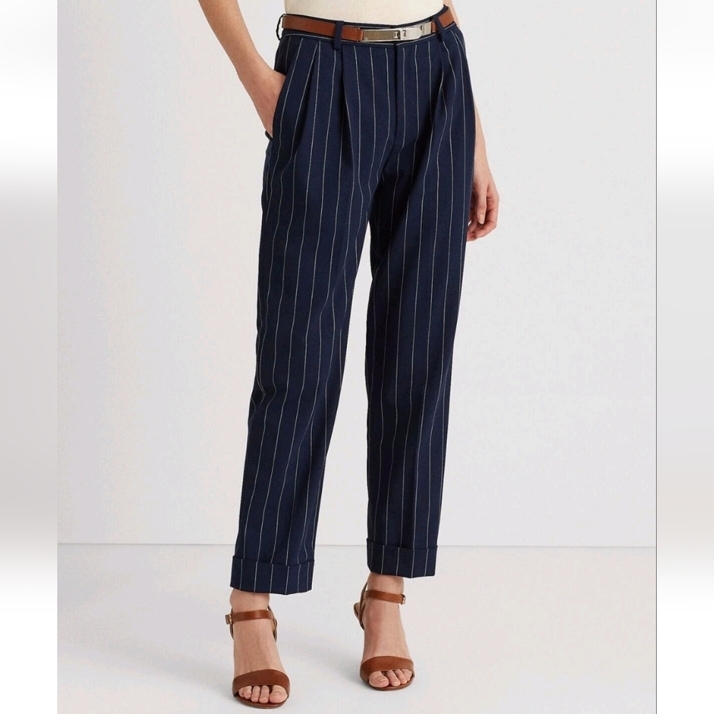 Ralph Lauren Navy Striped Wool Ankle Straight High Rise Pants Women's Size 14